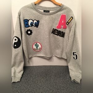 Topshop Grey Cropped Patch Sweatshirt with Pink Accent